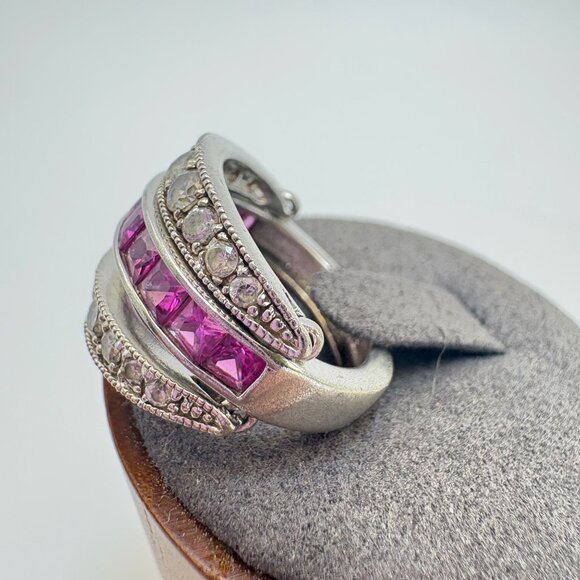 Sterling Silver Princess Cut Pink CZ Band Hinged Reversible CZ Guard Bands 5.75 - Picture 6 of 13